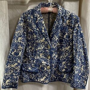 Eddie Bauer women’s sz 10 blue white cream cotton linen blazer jacket Like New